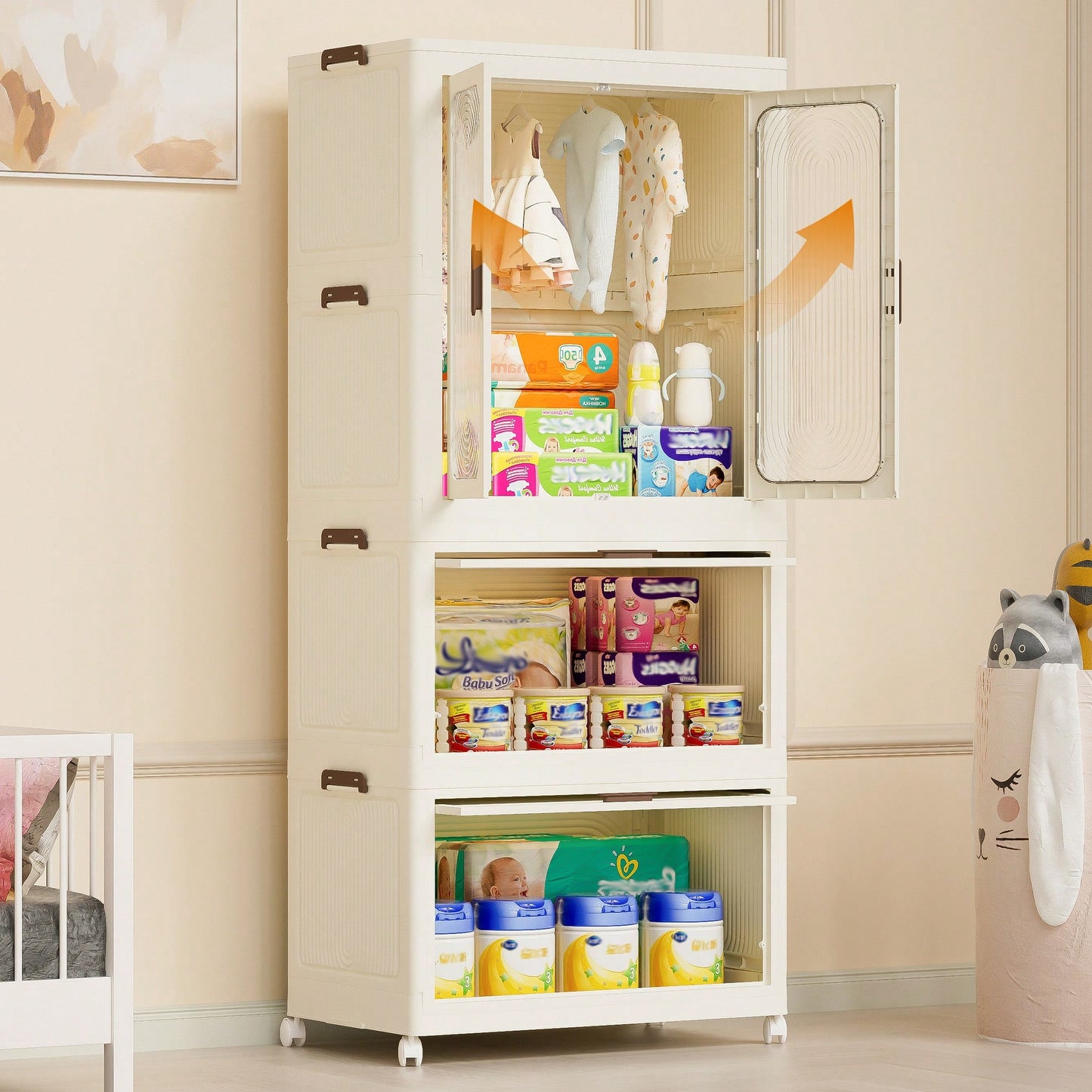 Portable Clothes Storage Organizer With Magnetic Doors, 4 Cubes, Hanging Rod, And 10 Hangers - Baby Wardrobe Cabinet In White