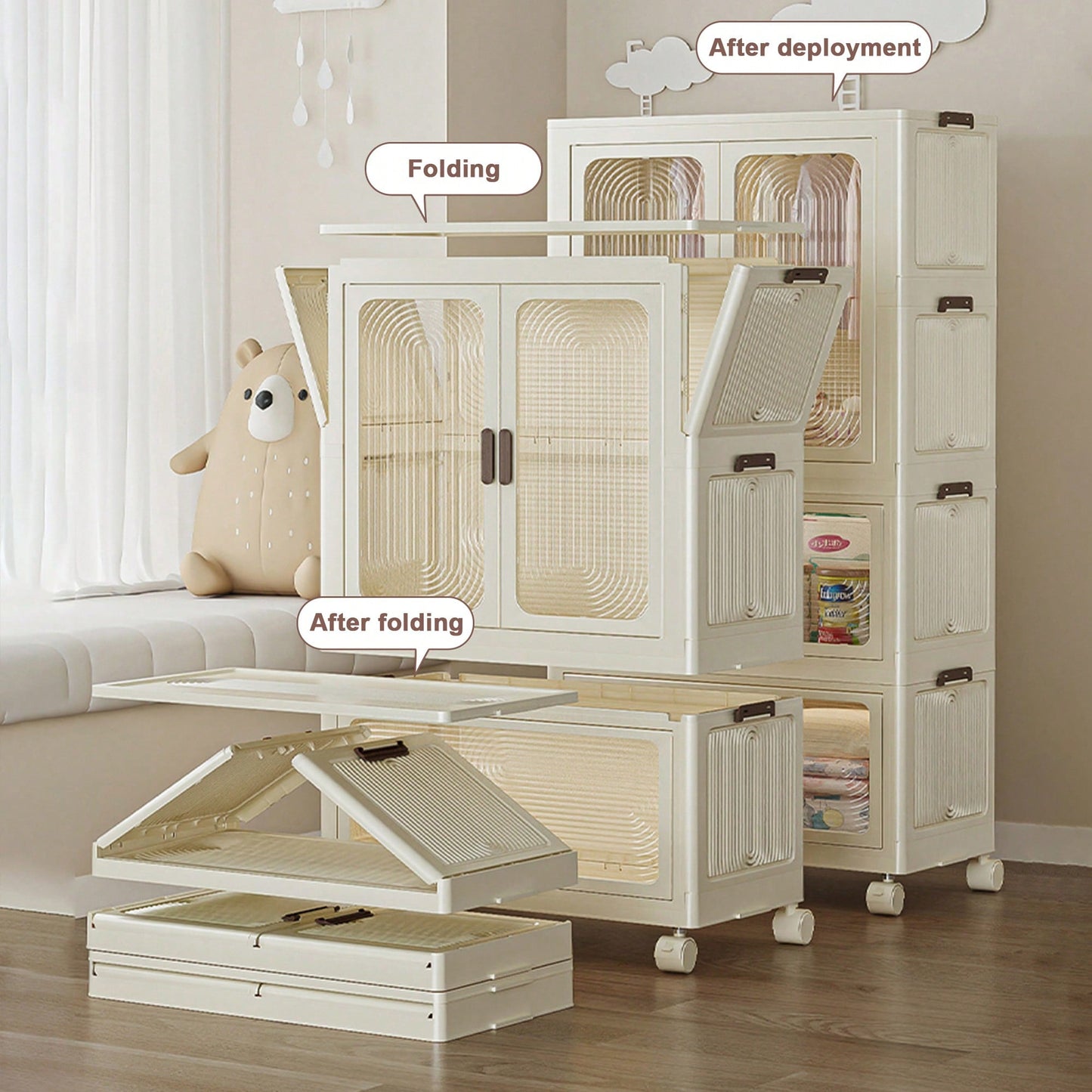 Portable Clothes Storage Organizer With Magnetic Doors, 4 Cubes, Hanging Rod, And 10 Hangers - Baby Wardrobe Cabinet In White