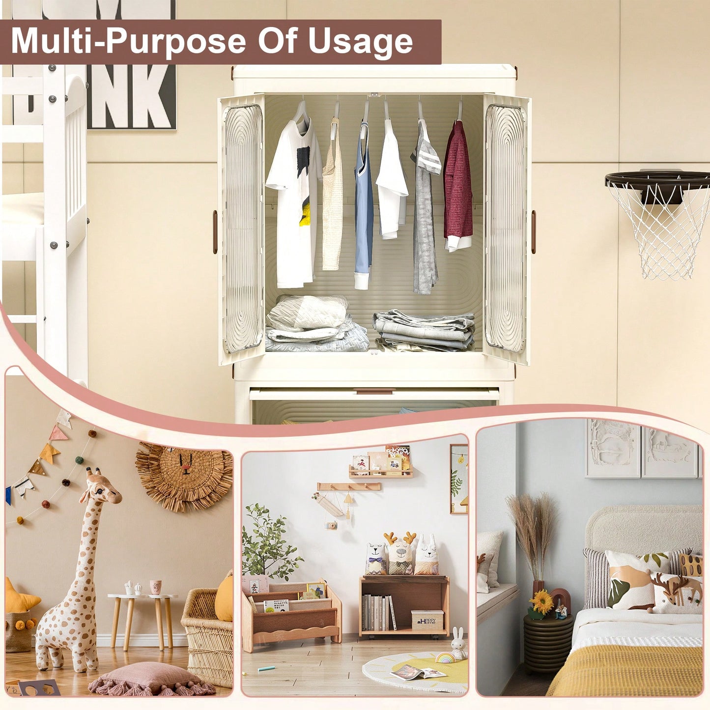 Portable Clothes Storage Organizer With Magnetic Doors, 4 Cubes, Hanging Rod, And 10 Hangers - Baby Wardrobe Cabinet In White