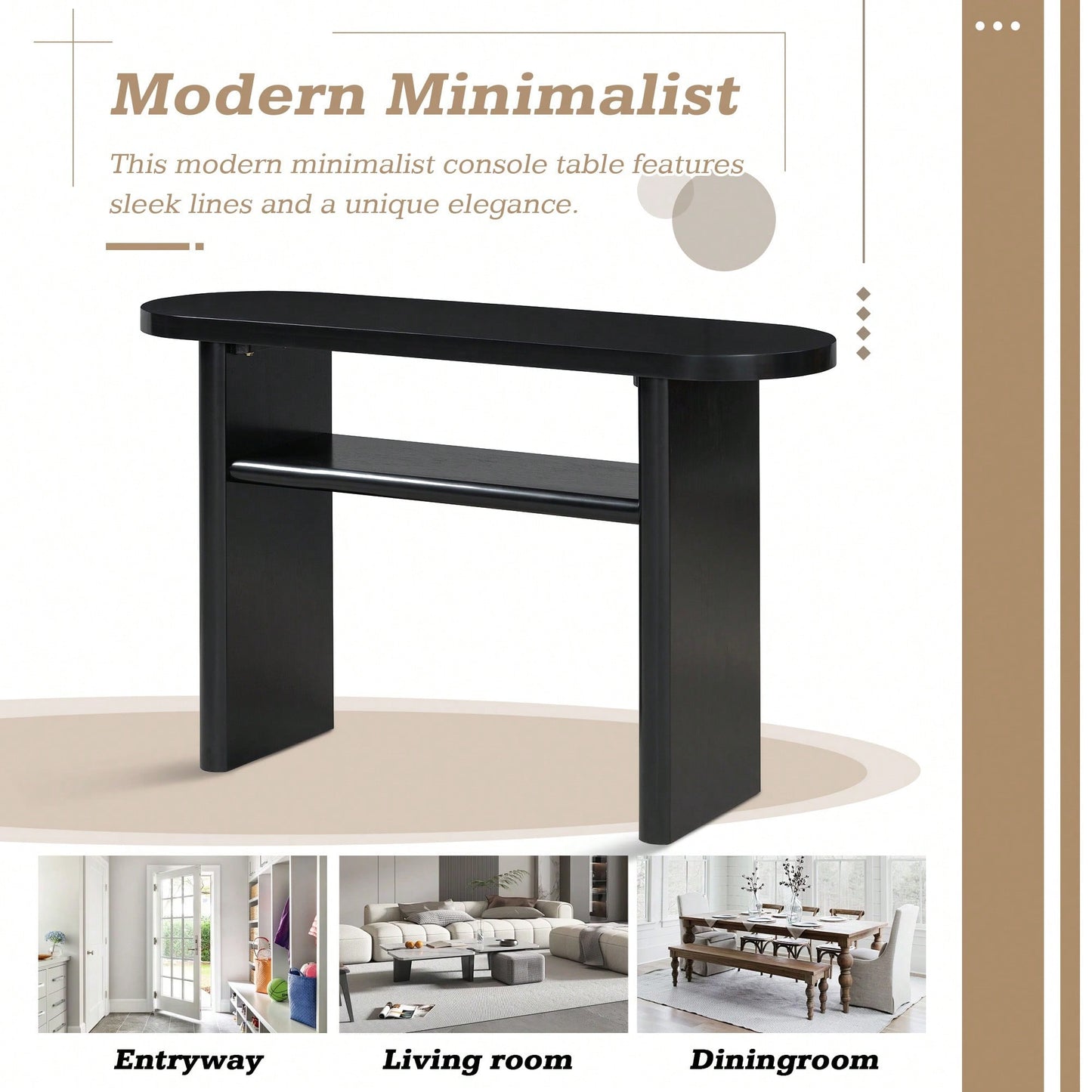 Elegant Minimalist Console Table With Rounded Edges And Sturdy Shelf For Entryway And Living Room In Black