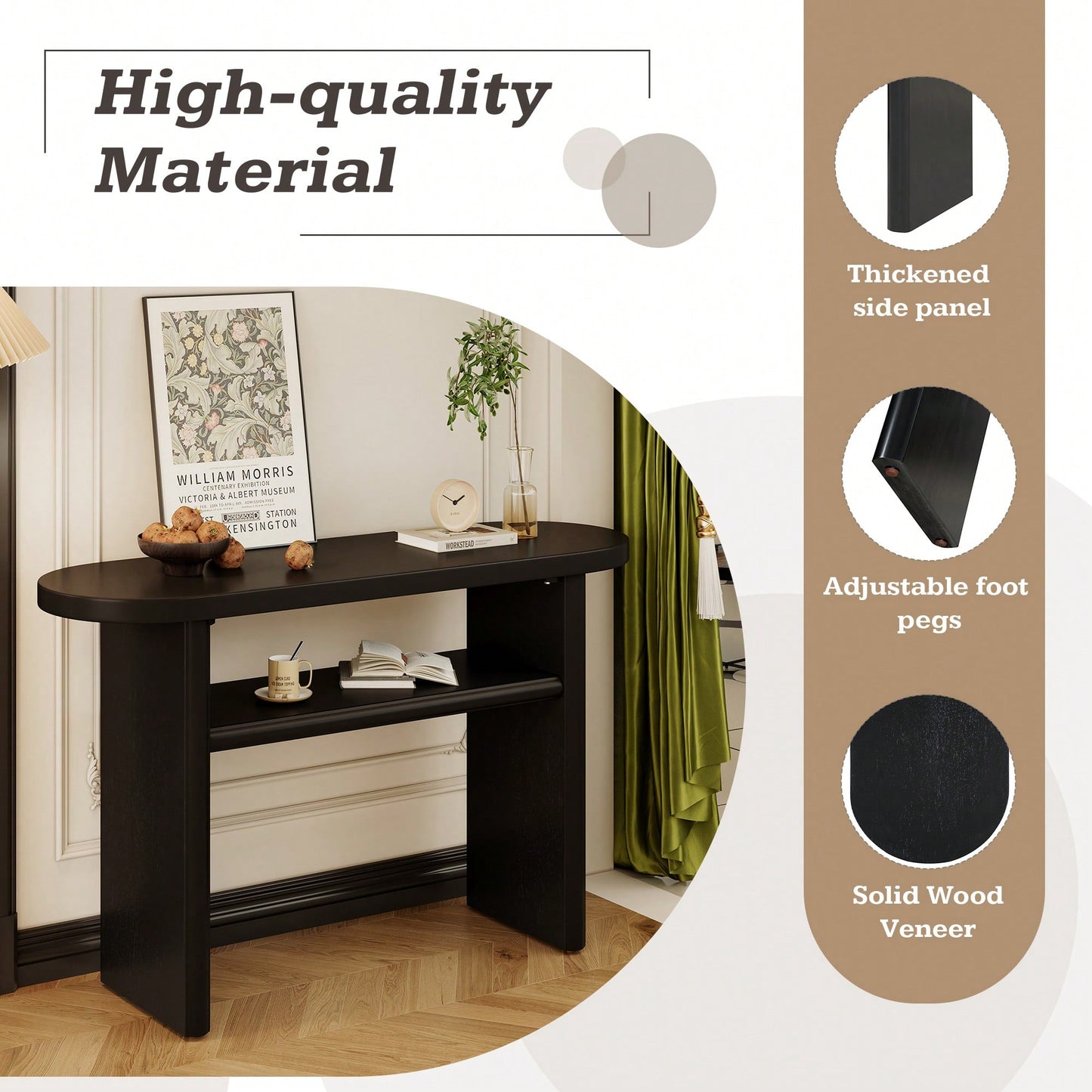 Elegant Minimalist Console Table With Rounded Edges And Sturdy Shelf For Entryway And Living Room In Black