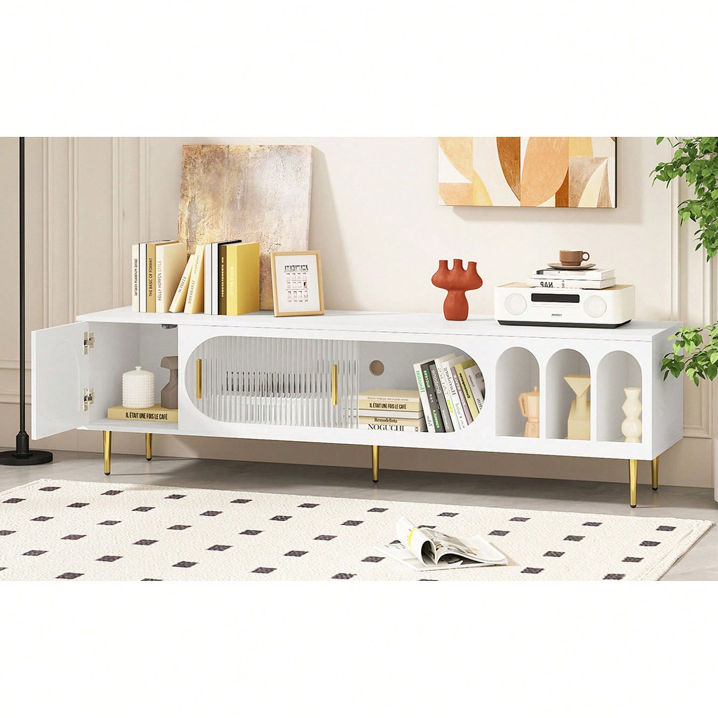 Modern TV Stand For Up To 70 Inch Television With 3 Shelves And 2 Cabinets, Stylish Entertainment Center Console Table For Living Room