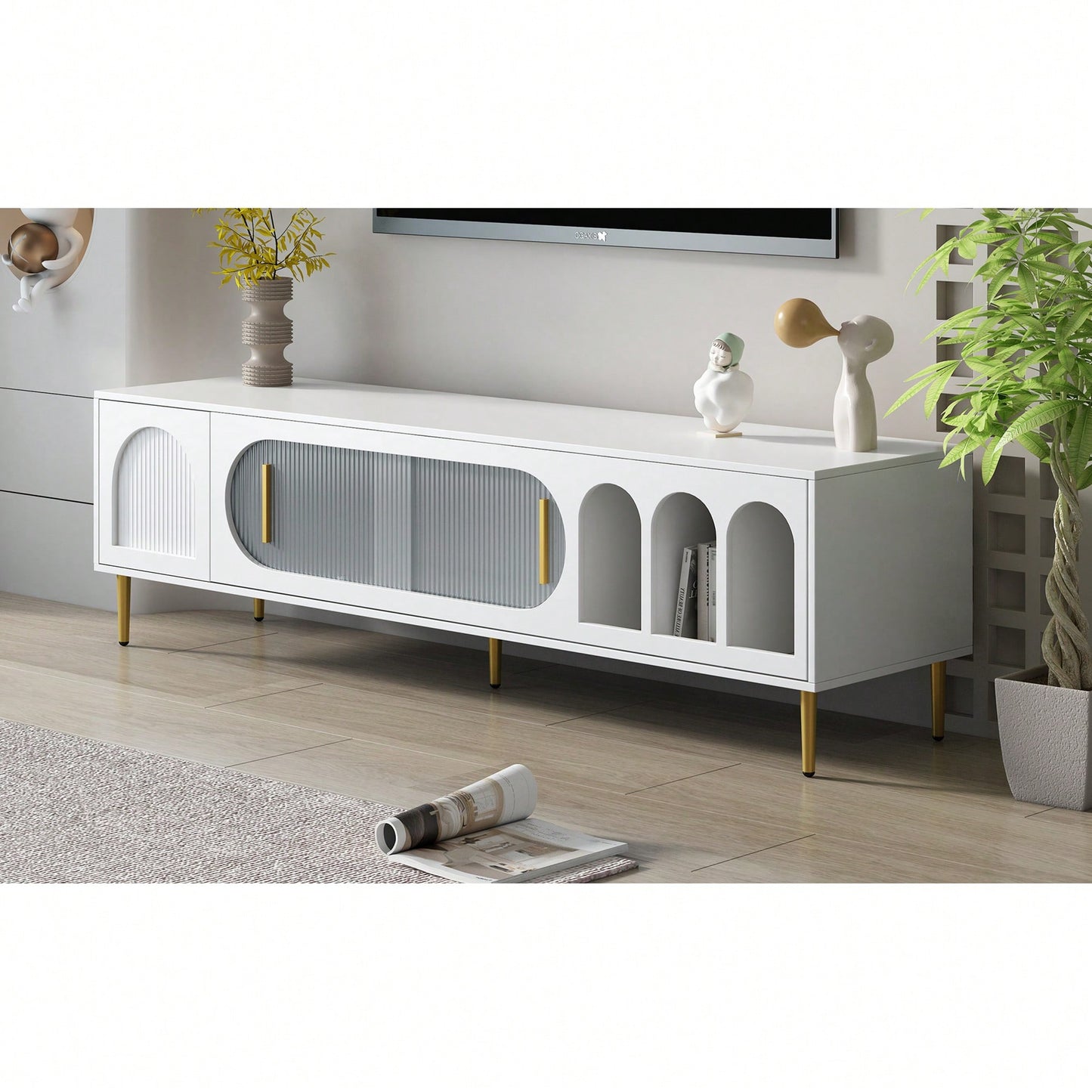 Modern TV Stand For Up To 70 Inch Television With 3 Shelves And 2 Cabinets, Stylish Entertainment Center Console Table For Living Room