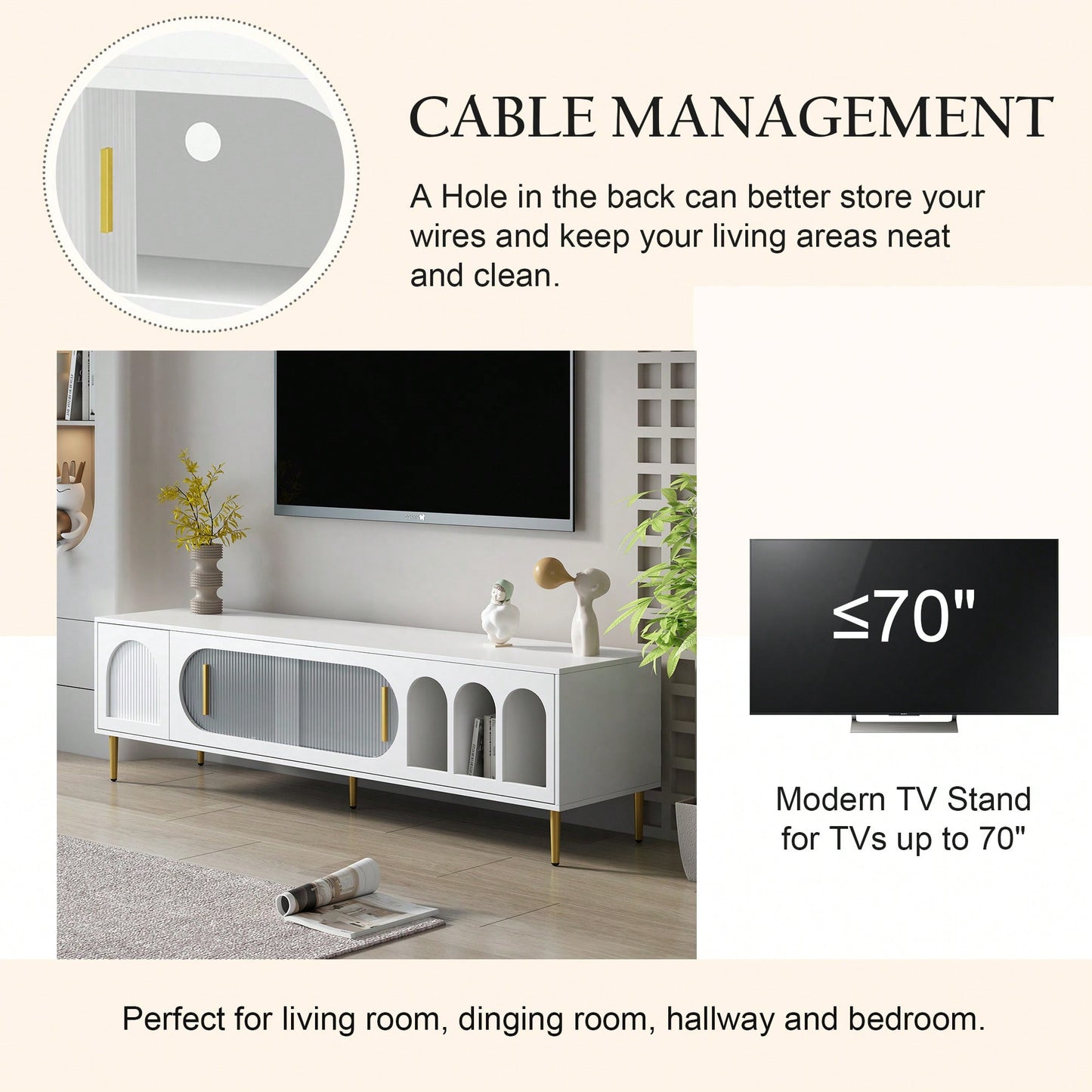 Modern TV Stand For Up To 70 Inch Television With 3 Shelves And 2 Cabinets, Stylish Entertainment Center Console Table For Living Room