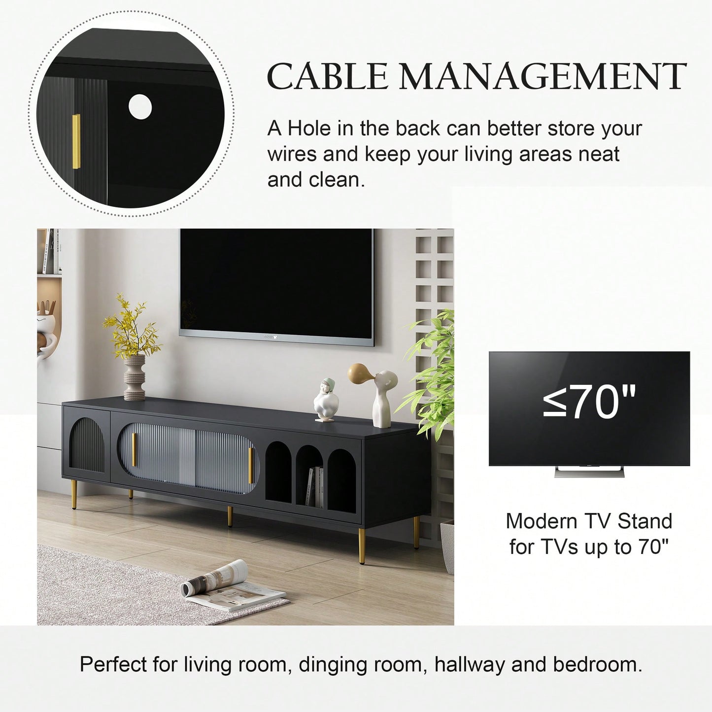 Modern TV Stand For Up To 70 Inch Television With 3 Shelves And 2 Cabinets, Stylish Entertainment Center Console Table For Living Room