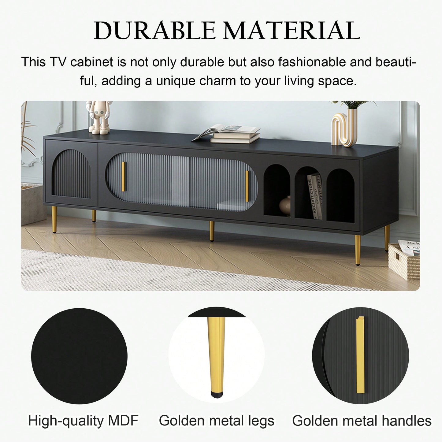 Modern TV Stand For Up To 70 Inch Television With 3 Shelves And 2 Cabinets, Stylish Entertainment Center Console Table For Living Room