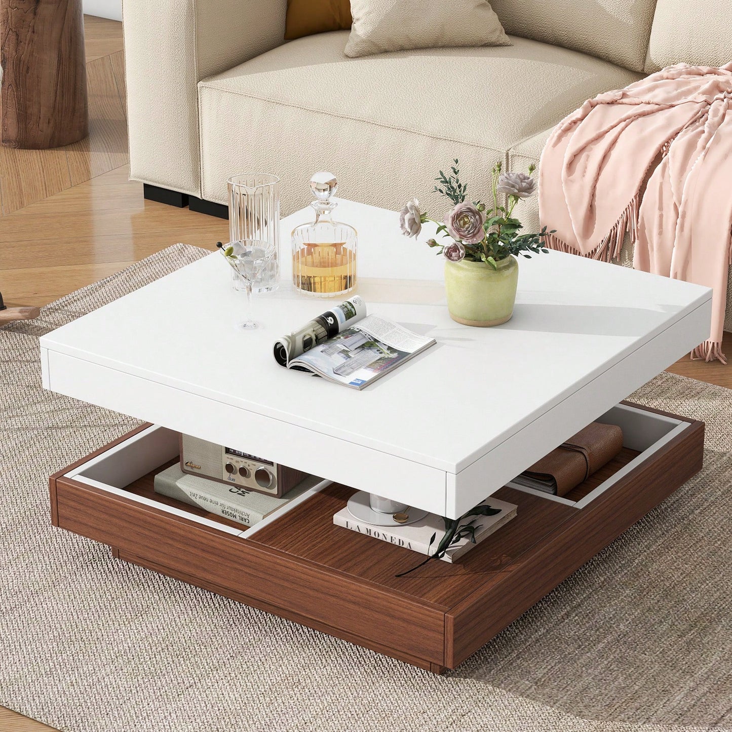 Modern 360° Rotating Coffee Table with Detachable Trays and Storage, 2-Tier Farmhouse Center Table, White Finish, 27.5 x 27.5 Inches