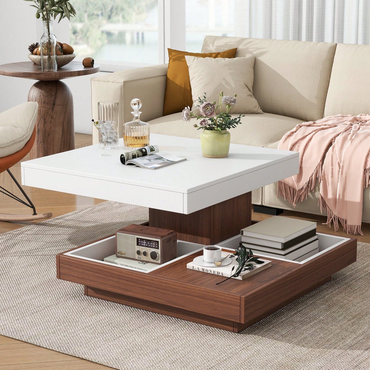 Modern 360° Rotating Coffee Table with Detachable Trays and Storage, 2-Tier Farmhouse Center Table, White Finish, 27.5 x 27.5 Inches