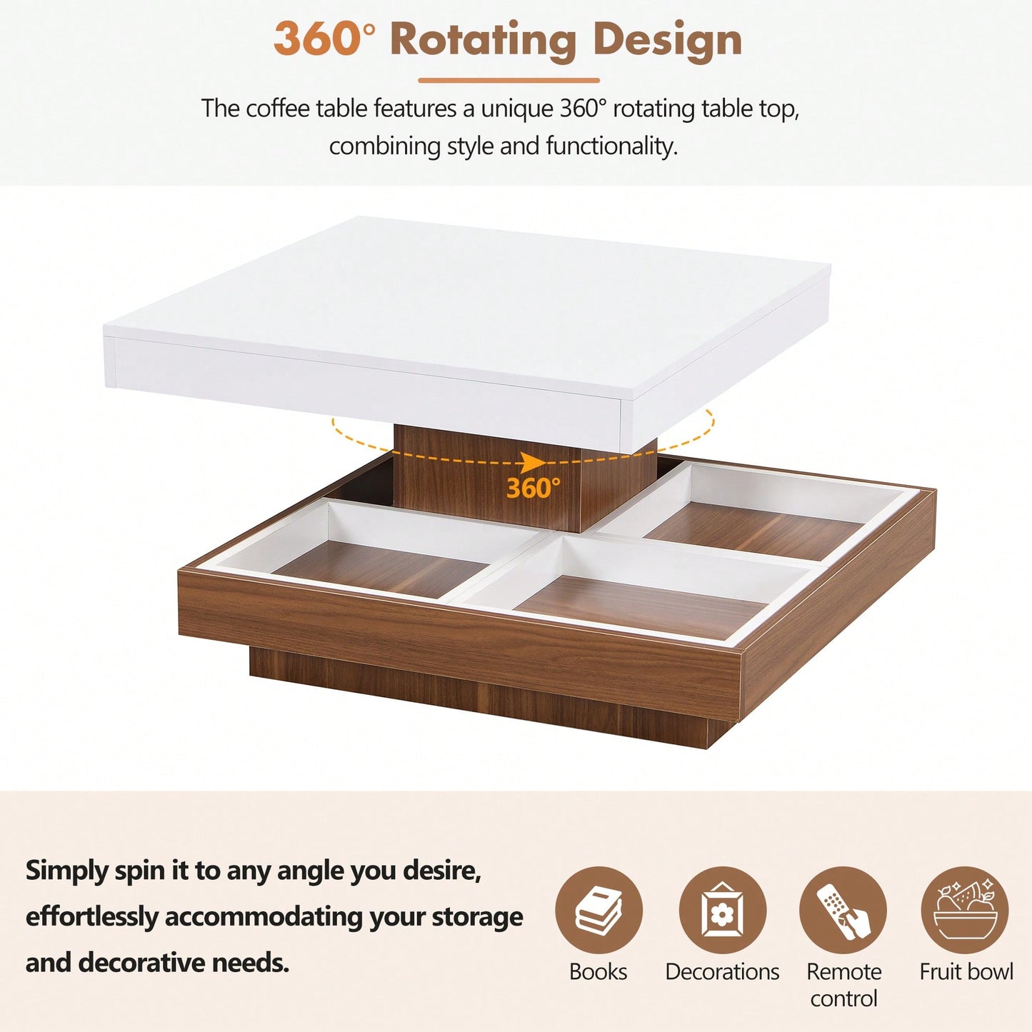 Modern 360° Rotating Coffee Table with Detachable Trays and Storage, 2-Tier Farmhouse Center Table, White Finish, 27.5 x 27.5 Inches