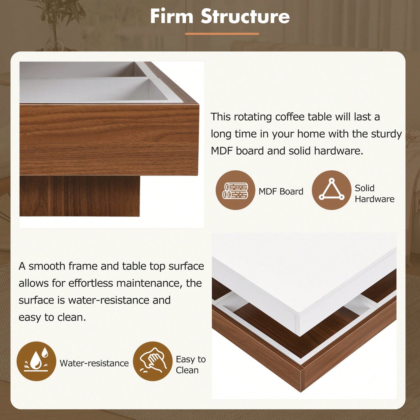 Modern 360° Rotating Coffee Table with Detachable Trays and Storage, 2-Tier Farmhouse Center Table, White Finish, 27.5 x 27.5 Inches