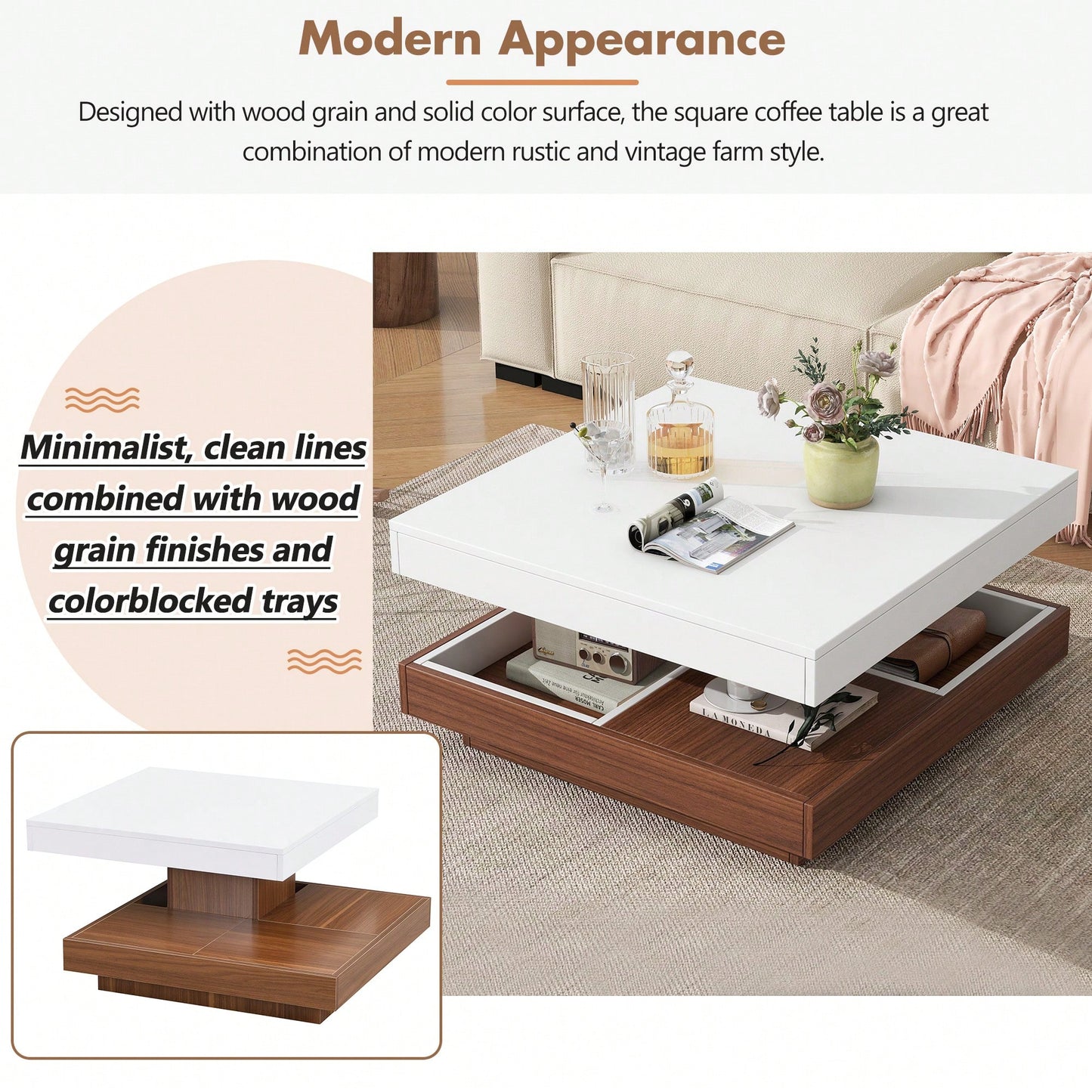 Modern 360° Rotating Coffee Table with Detachable Trays and Storage, 2-Tier Farmhouse Center Table, White Finish, 27.5 x 27.5 Inches