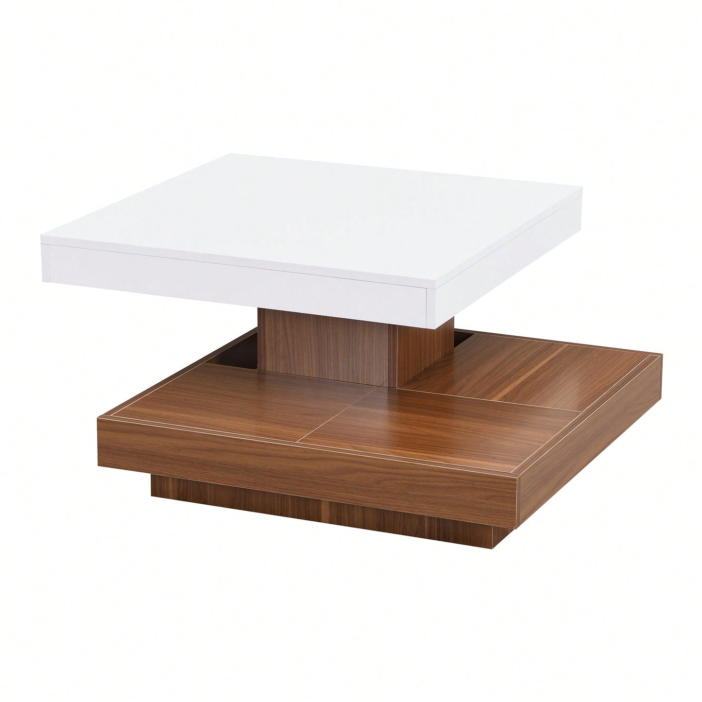 Modern 360° Rotating Coffee Table with Detachable Trays and Storage, 2-Tier Farmhouse Center Table, White Finish, 27.5 x 27.5 Inches
