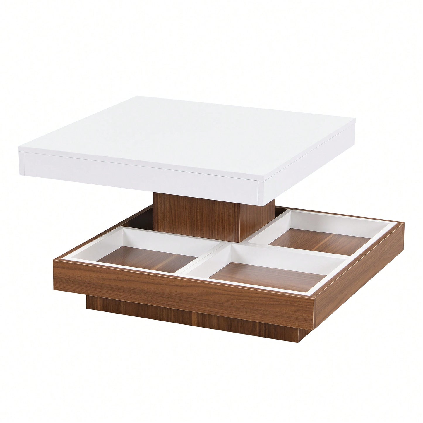 Modern 360° Rotating Coffee Table with Detachable Trays and Storage, 2-Tier Farmhouse Center Table, White Finish, 27.5 x 27.5 Inches