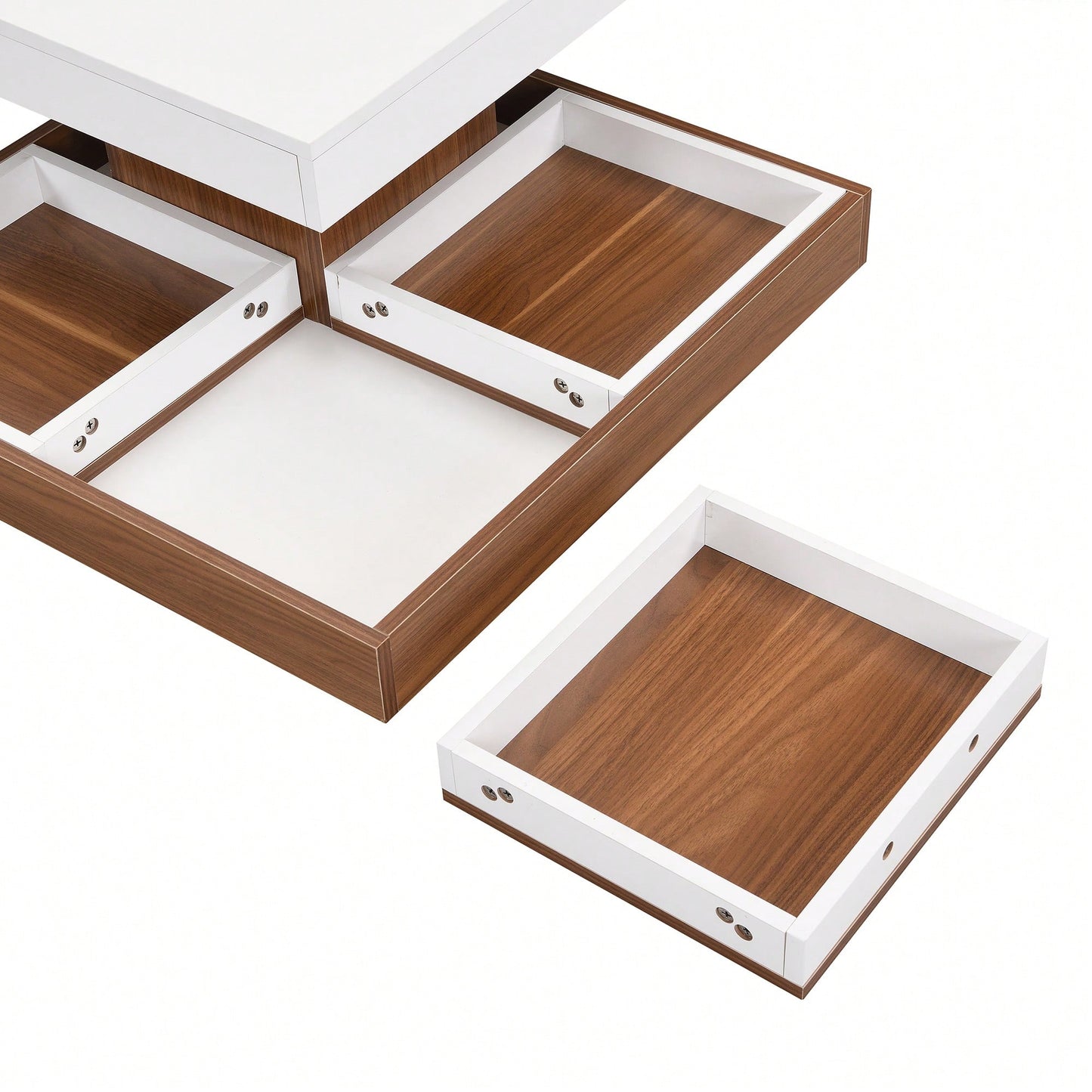 Modern 360° Rotating Coffee Table with Detachable Trays and Storage, 2-Tier Farmhouse Center Table, White Finish, 27.5 x 27.5 Inches