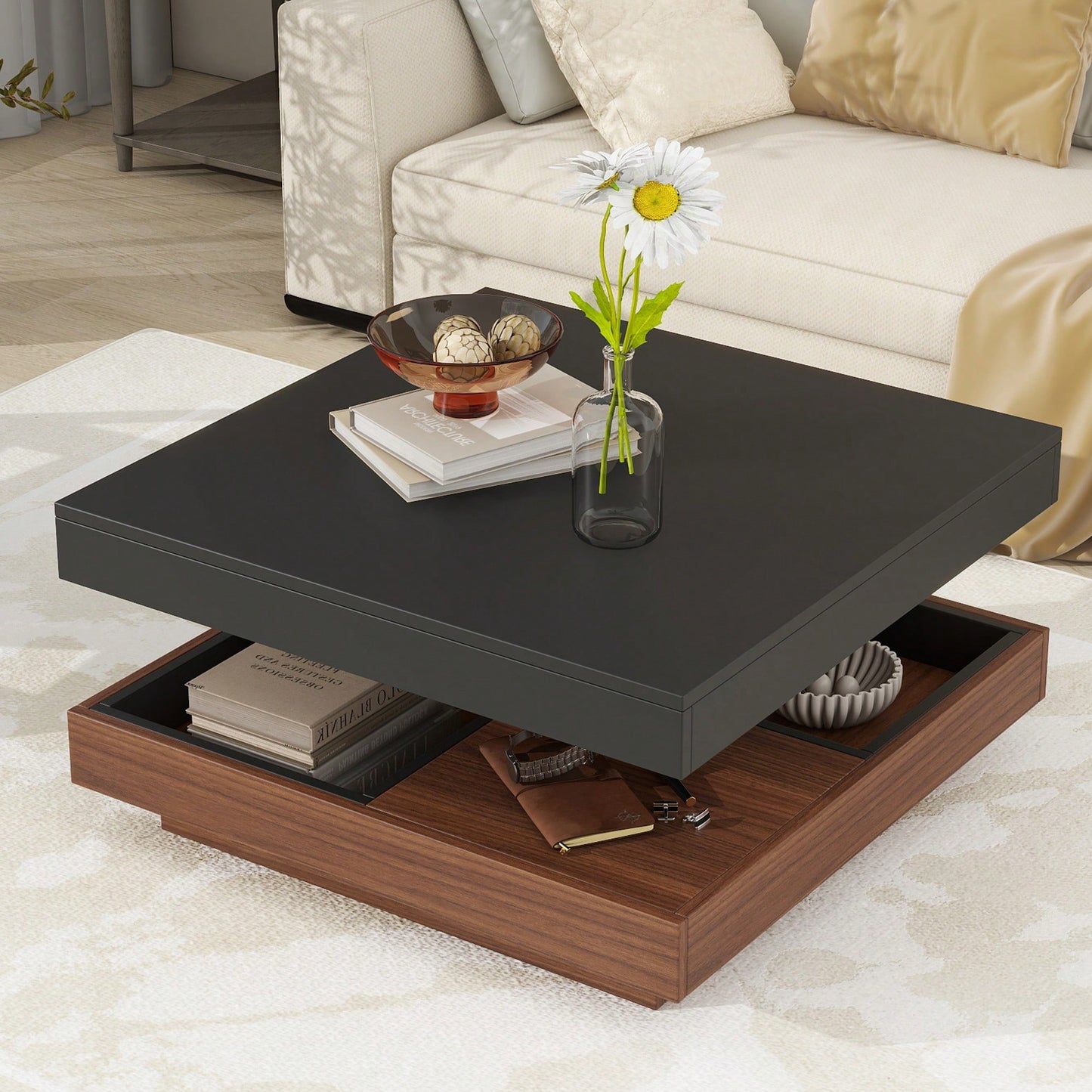 Modern 360° Rotating Coffee Table with Detachable Trays and Storage, 2-Tier Farmhouse Center Table, White Finish, 27.5 x 27.5 Inches