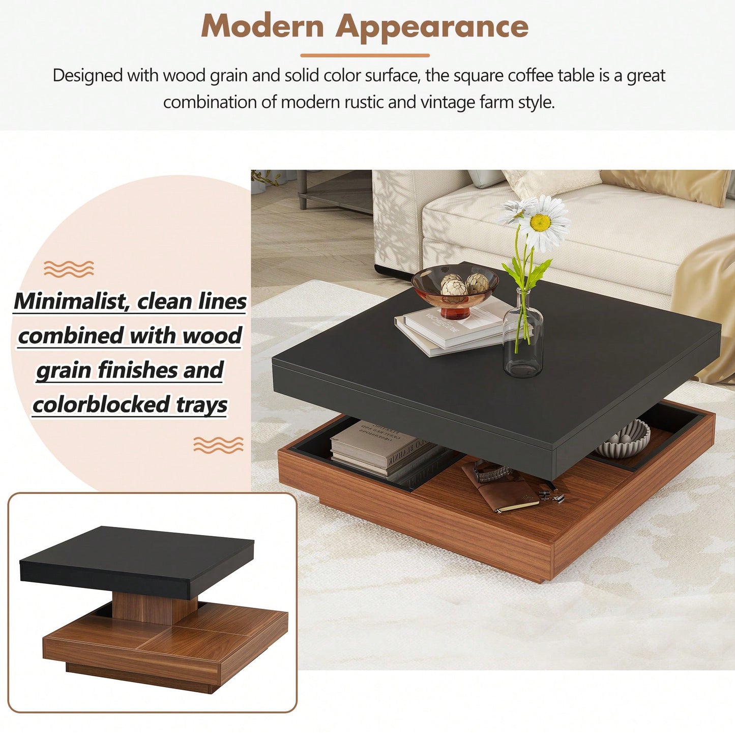 Modern 360° Rotating Coffee Table with Detachable Trays and Storage, 2-Tier Farmhouse Center Table, White Finish, 27.5 x 27.5 Inches