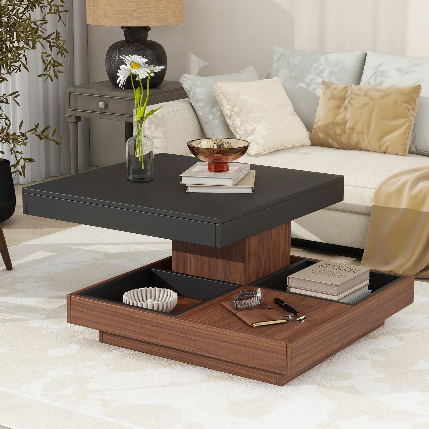 Modern 360° Rotating Coffee Table with Detachable Trays and Storage, 2-Tier Farmhouse Center Table, White Finish, 27.5 x 27.5 Inches