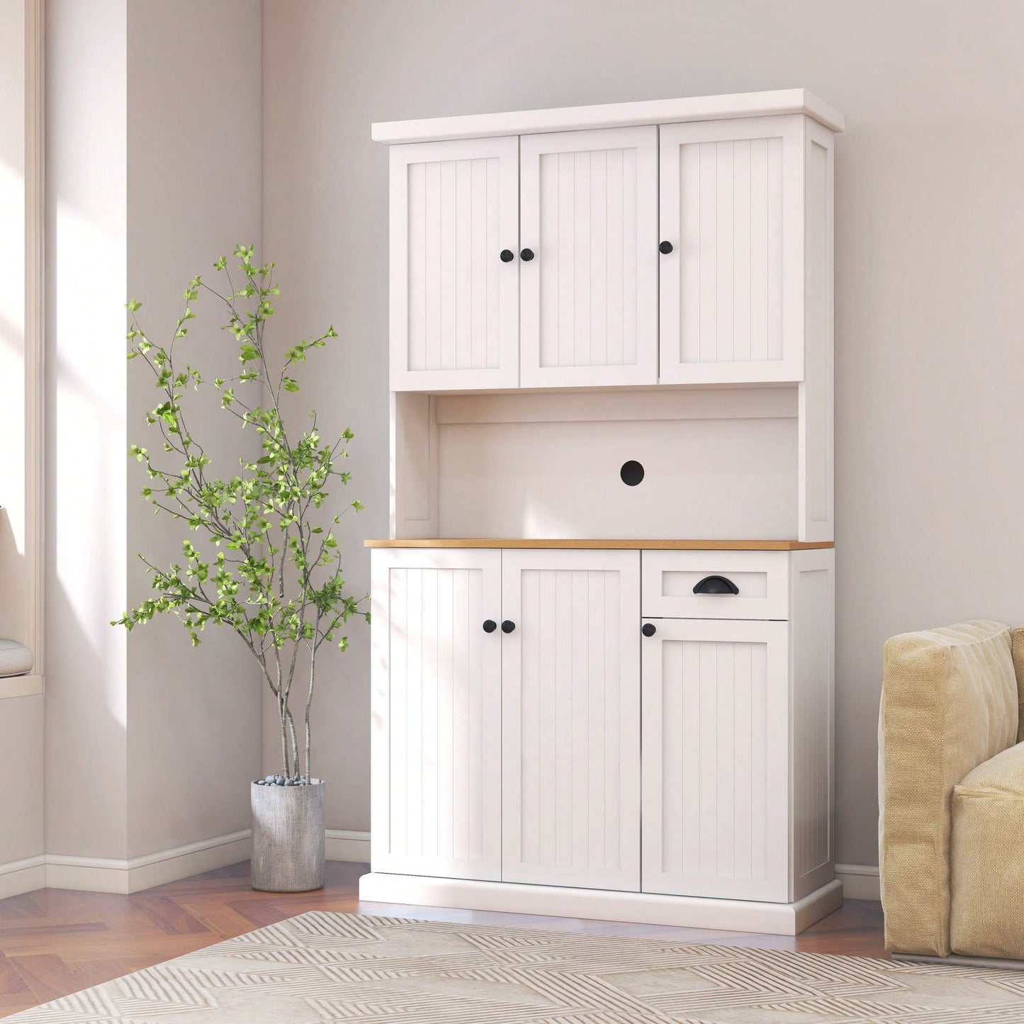 Spacious White Kitchen Pantry Storage Cabinet With Microwave Countertop Adjustable Shelves 6 Doors And 1 Drawer