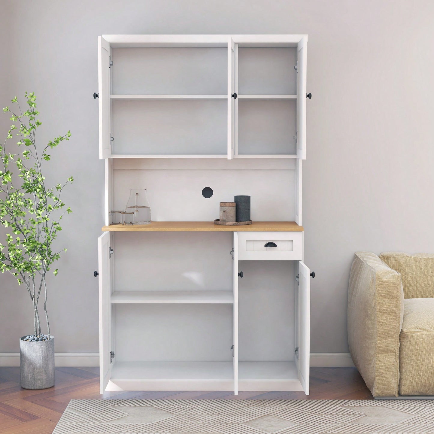 Spacious White Kitchen Pantry Storage Cabinet With Microwave Countertop Adjustable Shelves 6 Doors And 1 Drawer