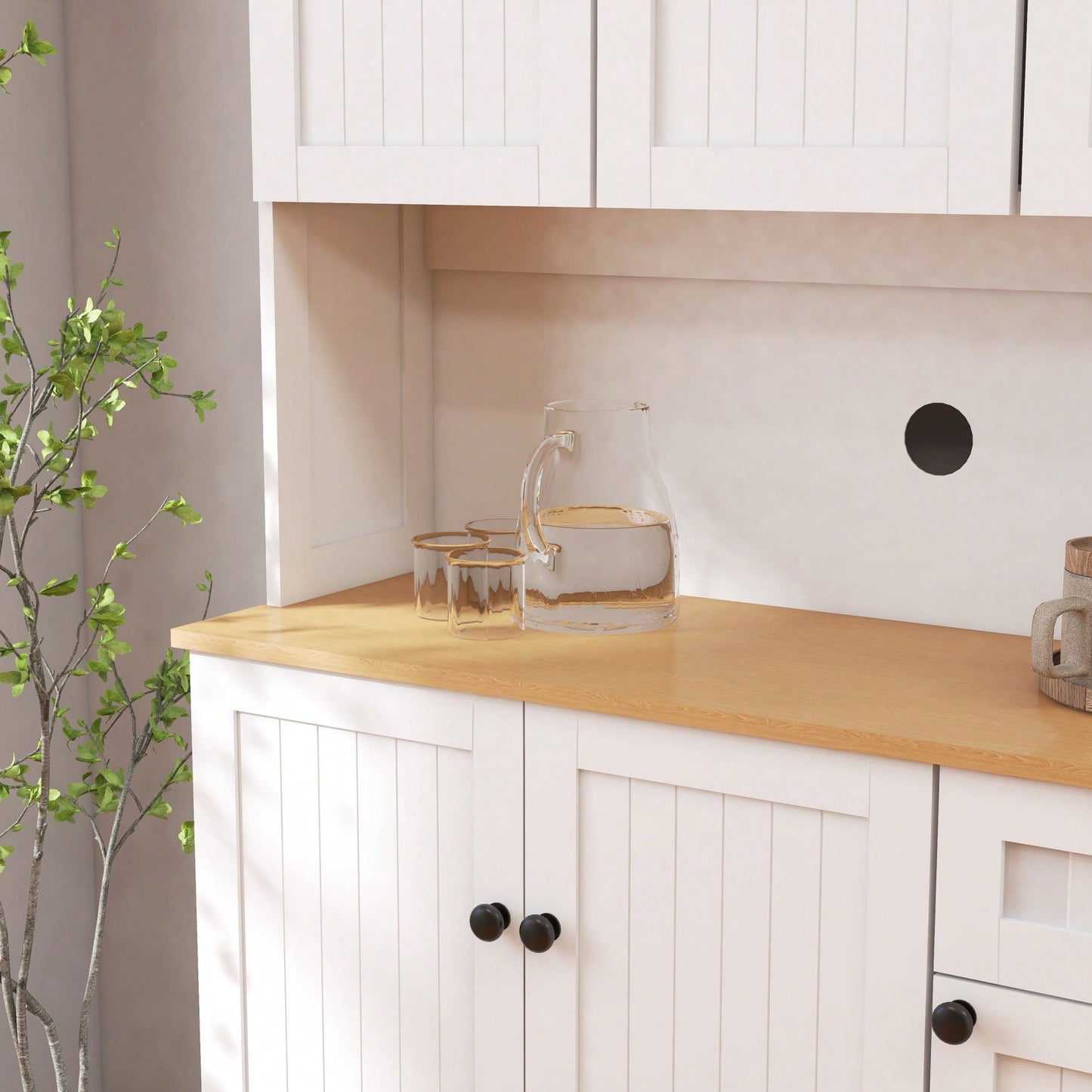 Spacious White Kitchen Pantry Storage Cabinet With Microwave Countertop Adjustable Shelves 6 Doors And 1 Drawer