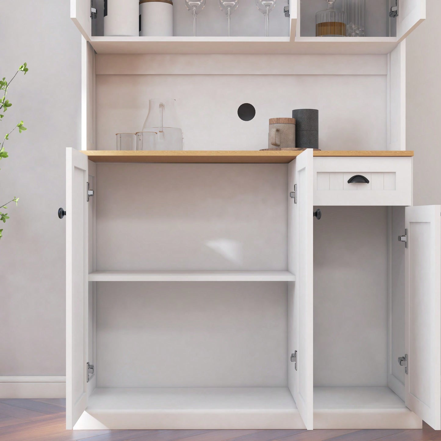 Spacious White Kitchen Pantry Storage Cabinet With Microwave Countertop Adjustable Shelves 6 Doors And 1 Drawer