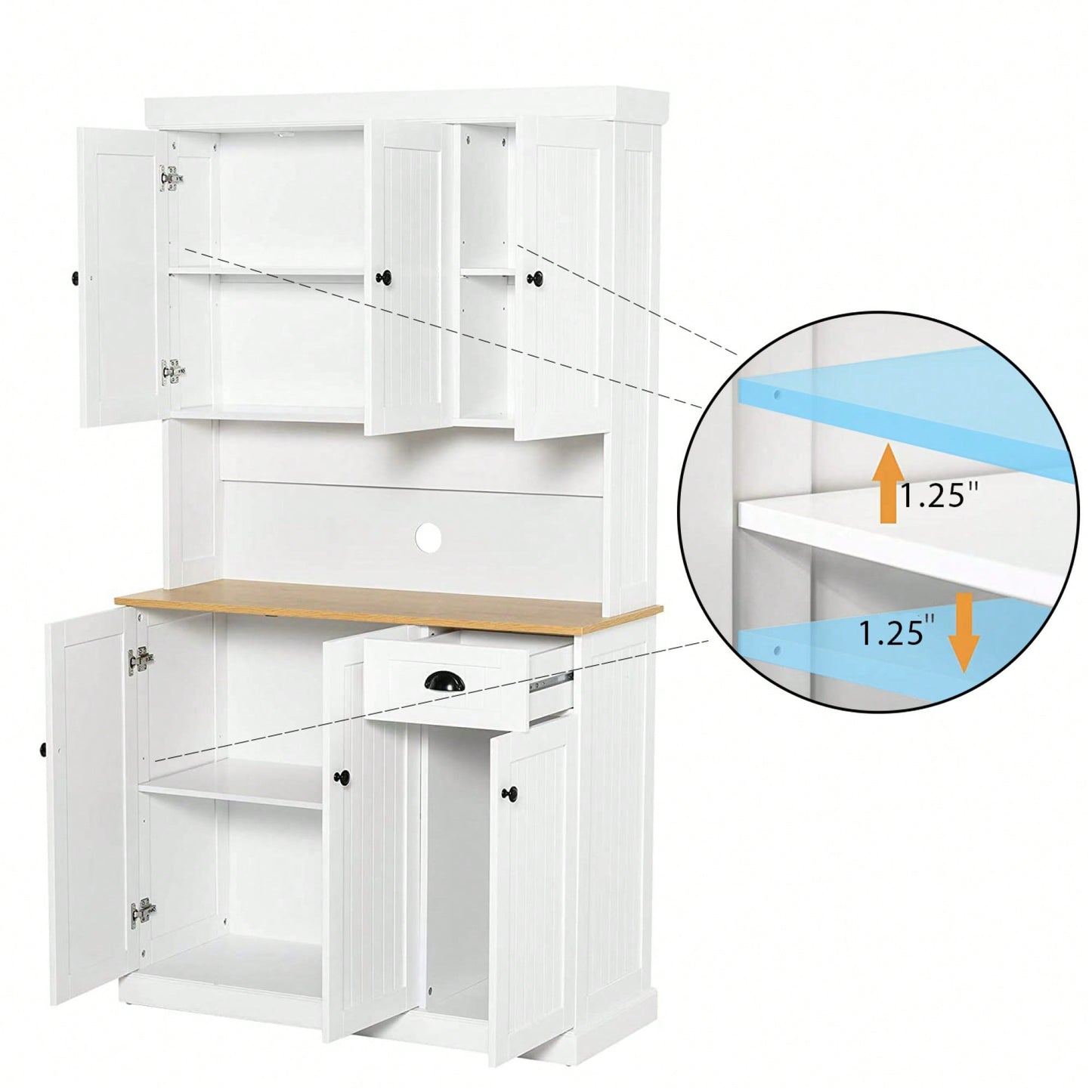 Spacious White Kitchen Pantry Storage Cabinet With Microwave Countertop Adjustable Shelves 6 Doors And 1 Drawer