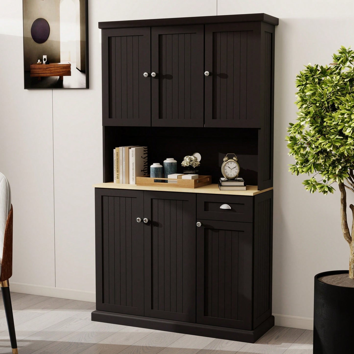 Spacious White Kitchen Pantry Storage Cabinet With Microwave Countertop Adjustable Shelves 6 Doors And 1 Drawer