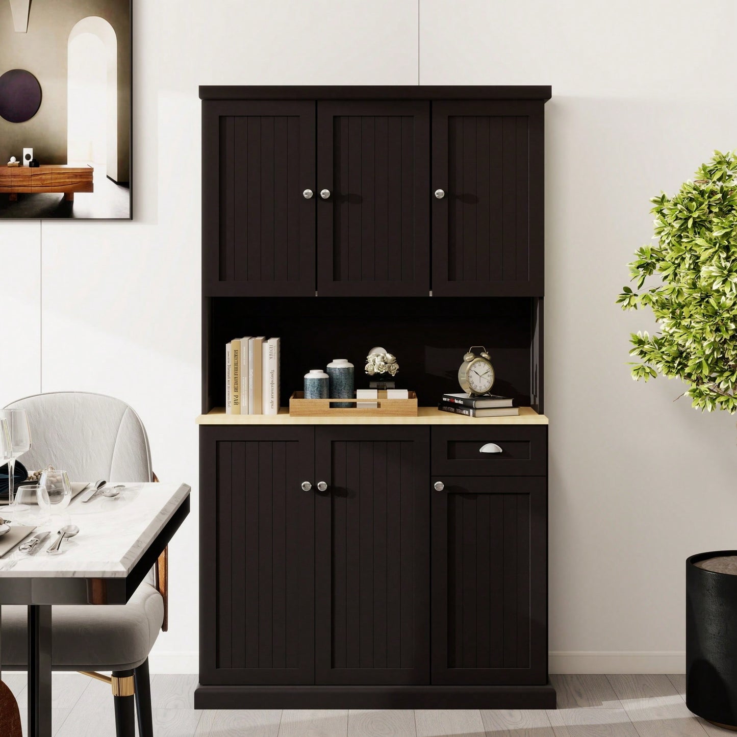 Spacious White Kitchen Pantry Storage Cabinet With Microwave Countertop Adjustable Shelves 6 Doors And 1 Drawer