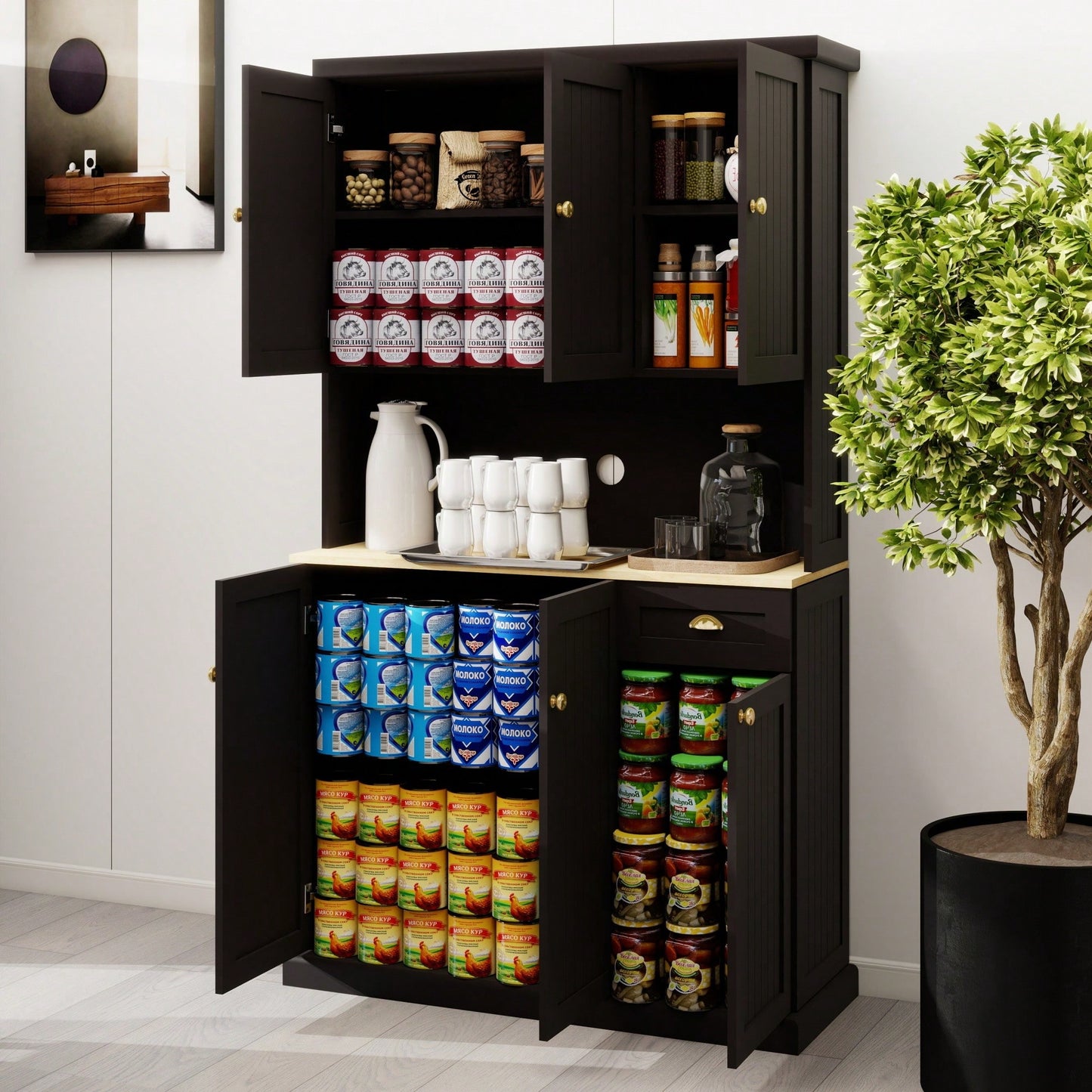 Spacious White Kitchen Pantry Storage Cabinet With Microwave Countertop Adjustable Shelves 6 Doors And 1 Drawer