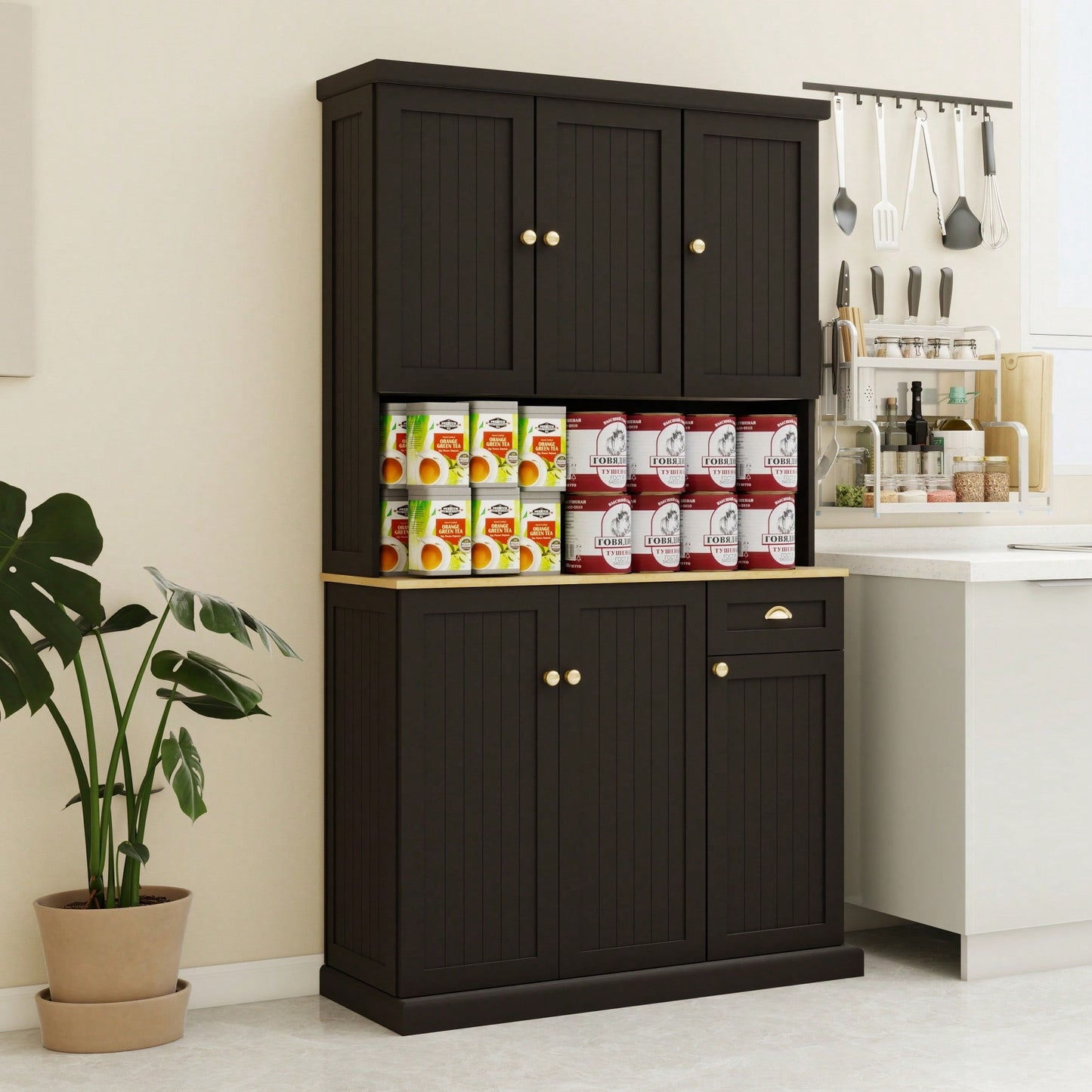 Spacious White Kitchen Pantry Storage Cabinet With Microwave Countertop Adjustable Shelves 6 Doors And 1 Drawer