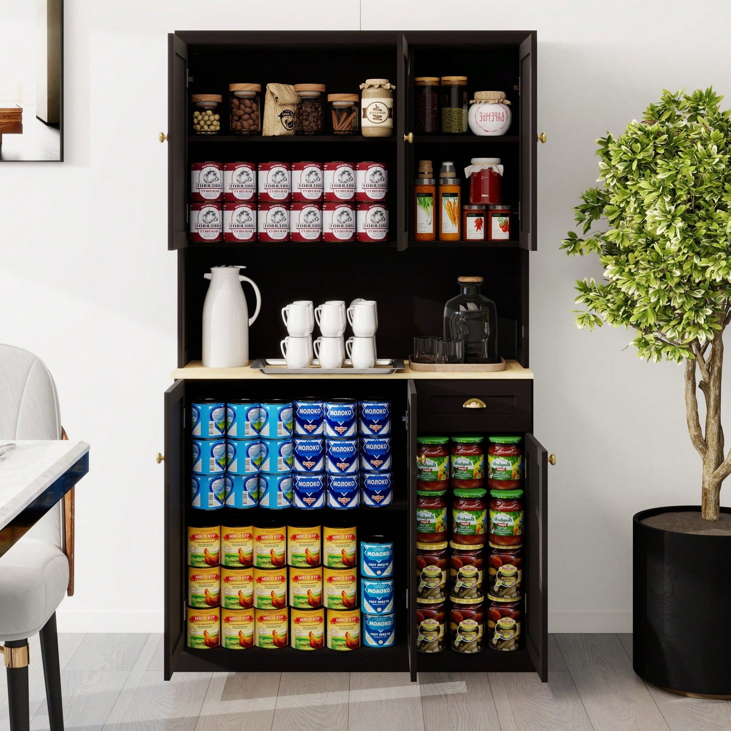 Spacious White Kitchen Pantry Storage Cabinet With Microwave Countertop Adjustable Shelves 6 Doors And 1 Drawer