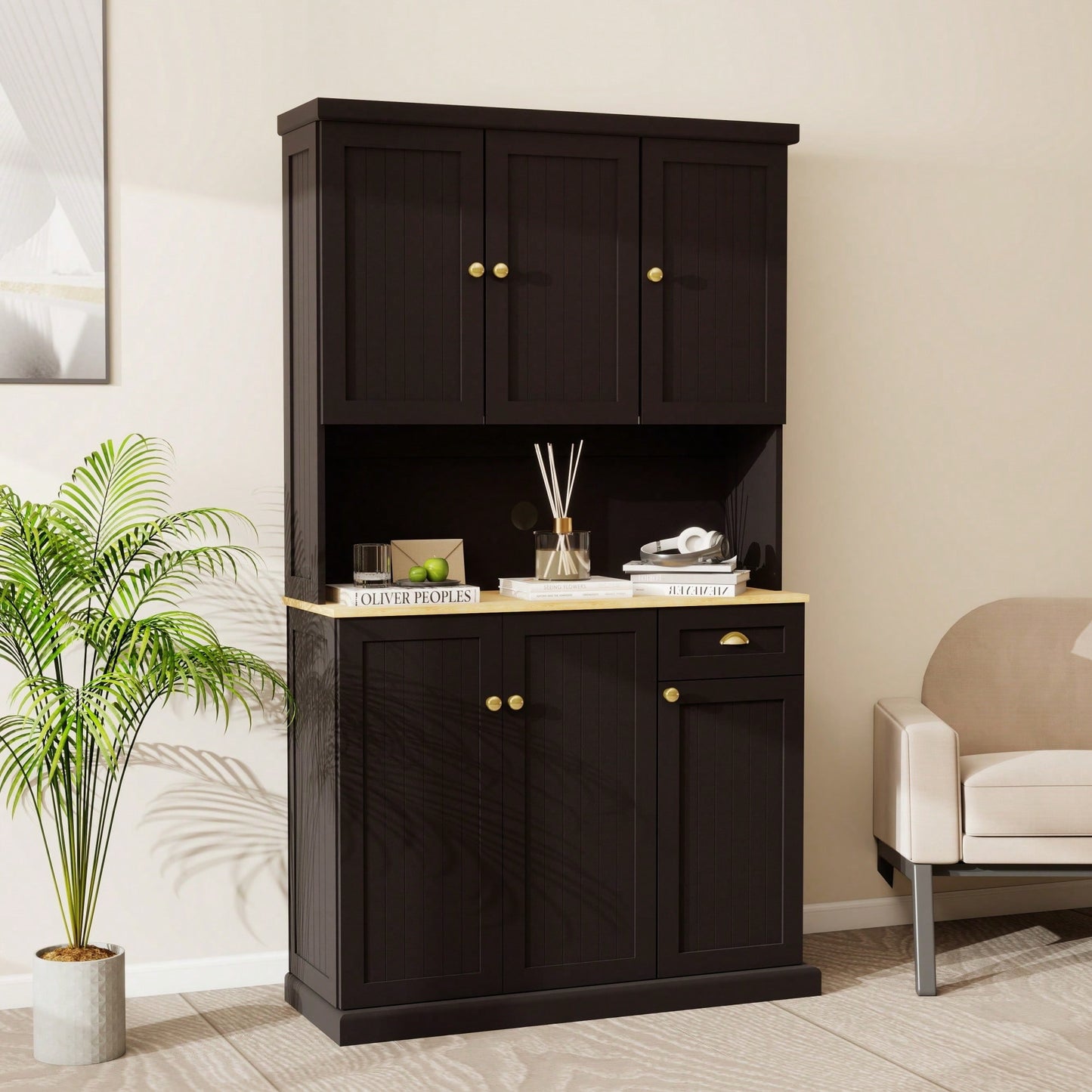 Spacious White Kitchen Pantry Storage Cabinet With Microwave Countertop Adjustable Shelves 6 Doors And 1 Drawer