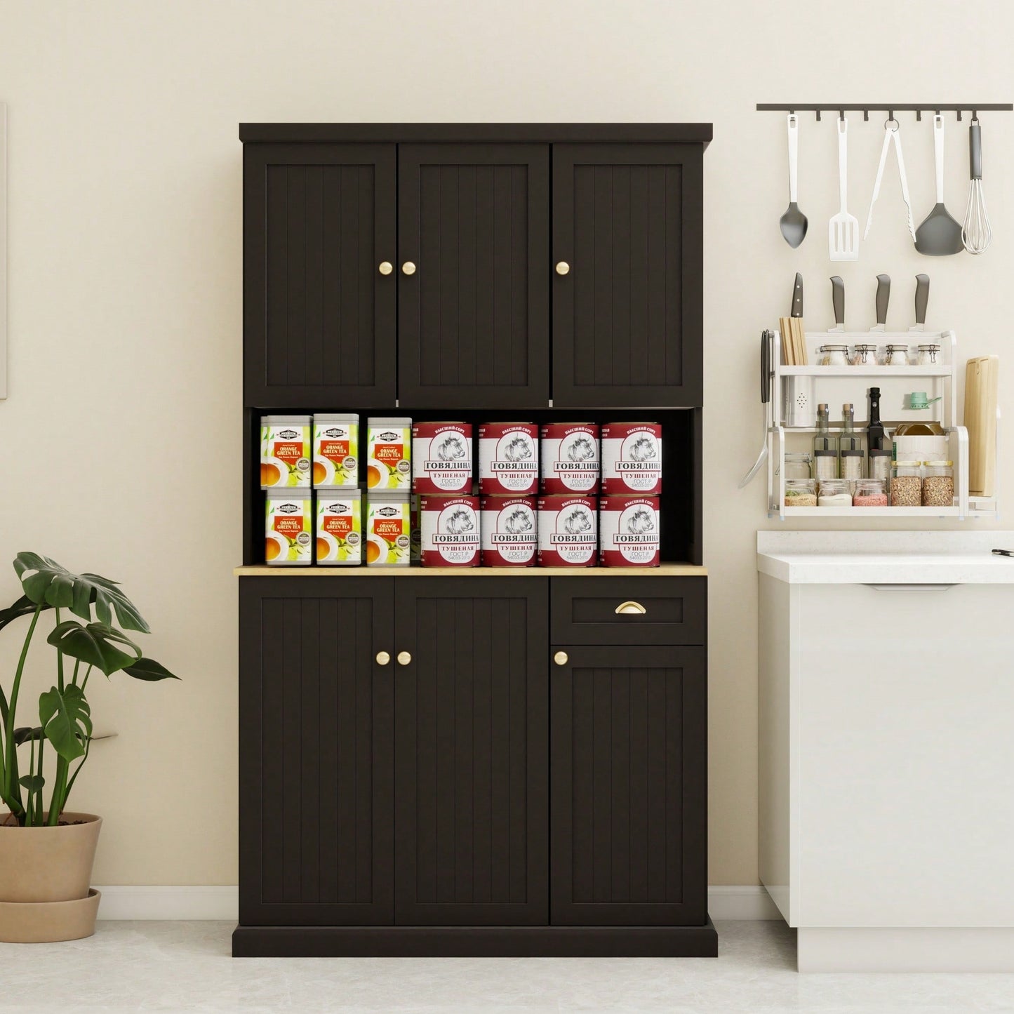 Spacious White Kitchen Pantry Storage Cabinet With Microwave Countertop Adjustable Shelves 6 Doors And 1 Drawer