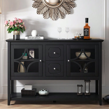 Modern Black Sideboard Buffet Console Table With Adjustable Shelves For Media Storage