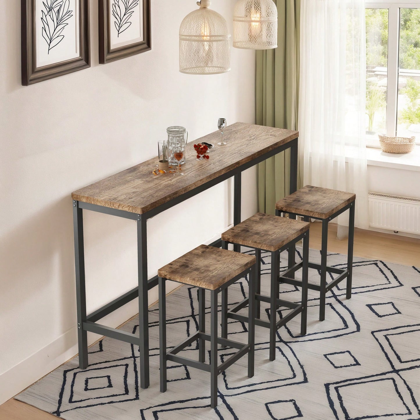 Long Dining Table Set With 3 Stools Easy Assembly Perfect For Family Gatherings Natural