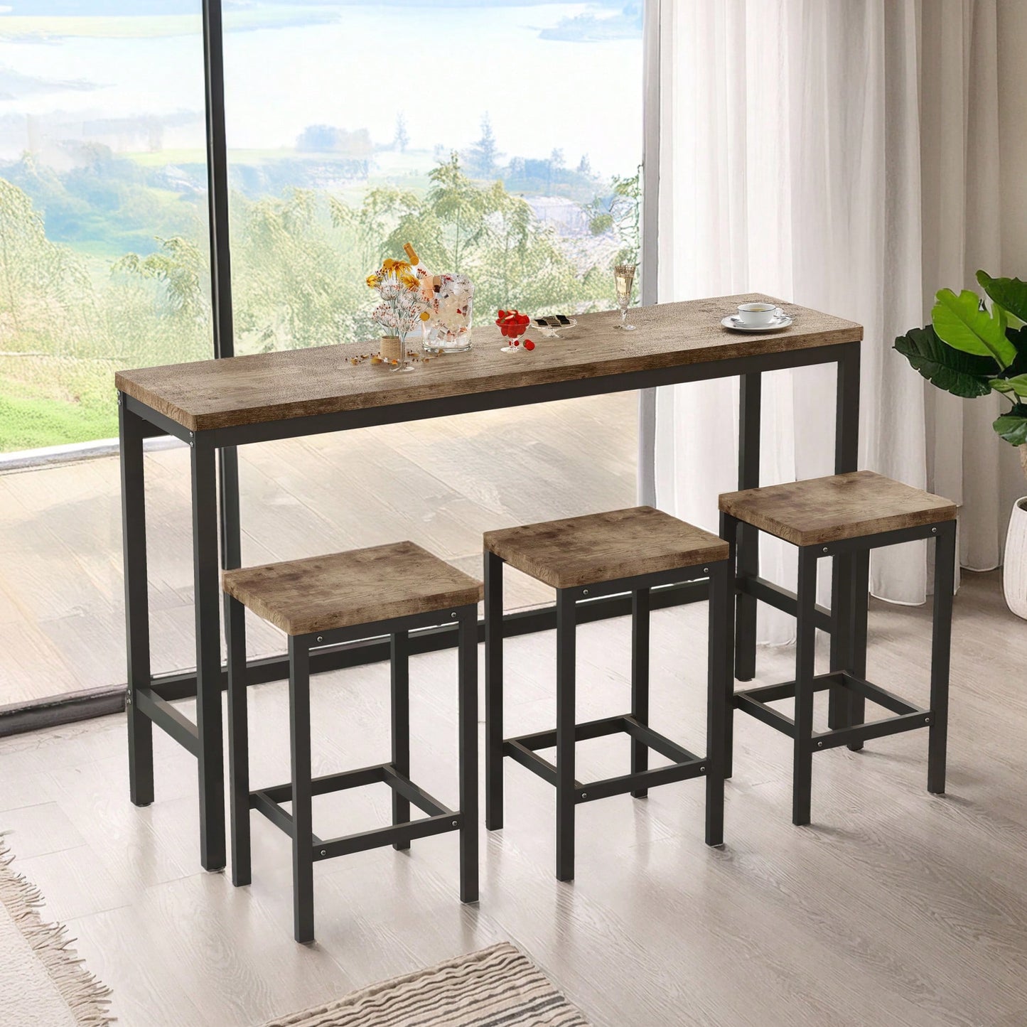 Long Dining Table Set With 3 Stools Easy Assembly Perfect For Family Gatherings Natural