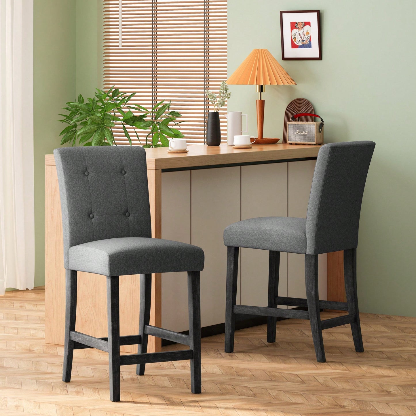 Charcoal Fabric Button Tufted Counter Stools Set Of 2 26 Inch Height Stylish Kitchen Seating
