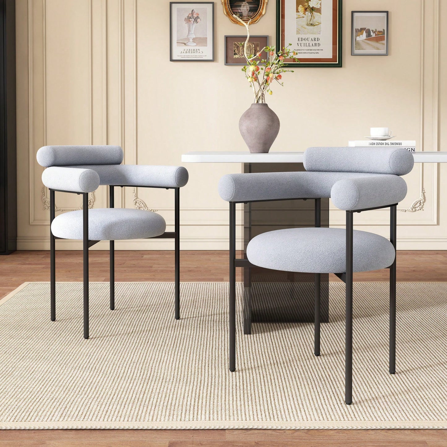 Set Of 2 Black Upholstered Armchair Dining Chairs With Sturdy Metal Legs