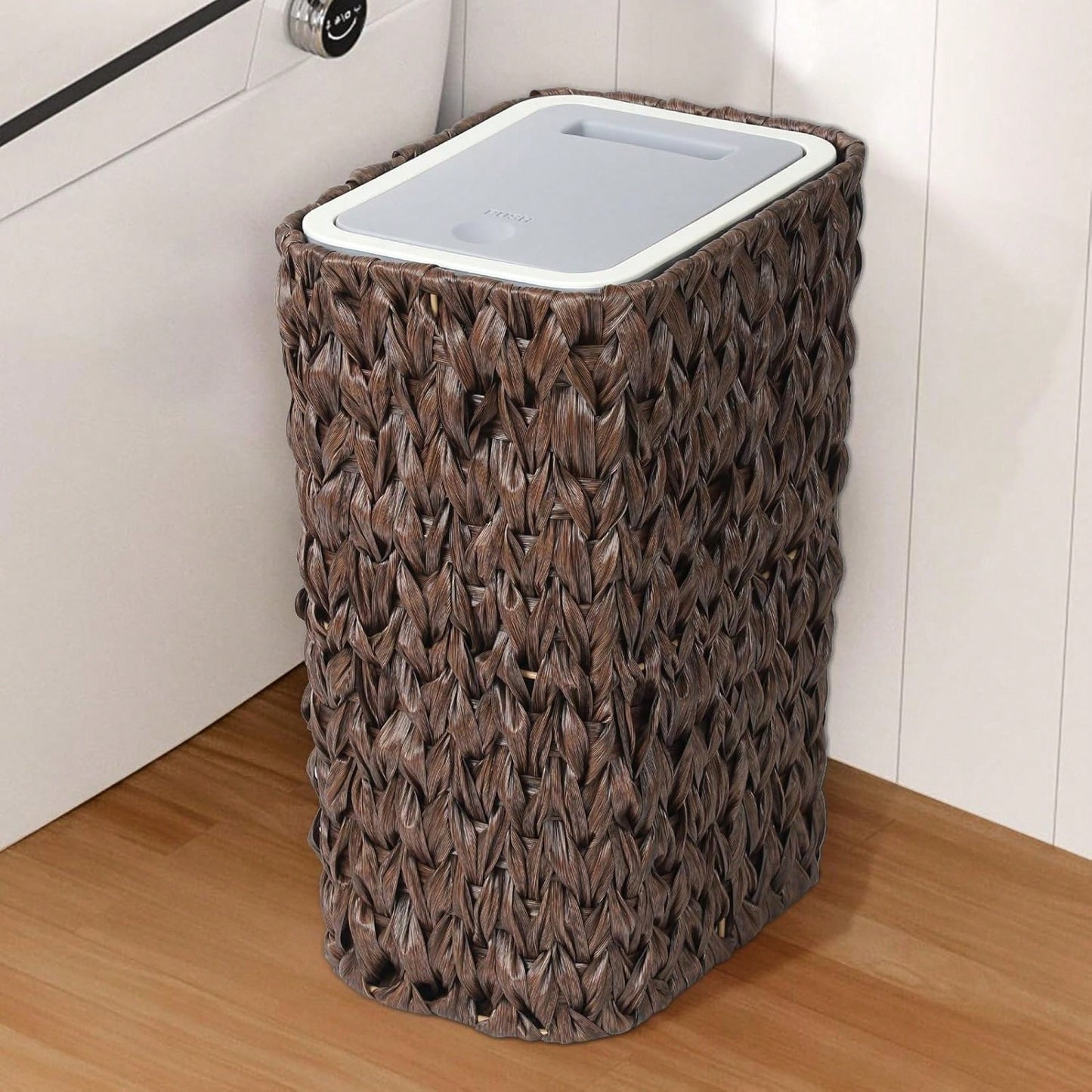 2.6 Gallon Rattan Trash Can With Press Top Lid For Bathroom Kitchen Office Living Room Bedroom Gray