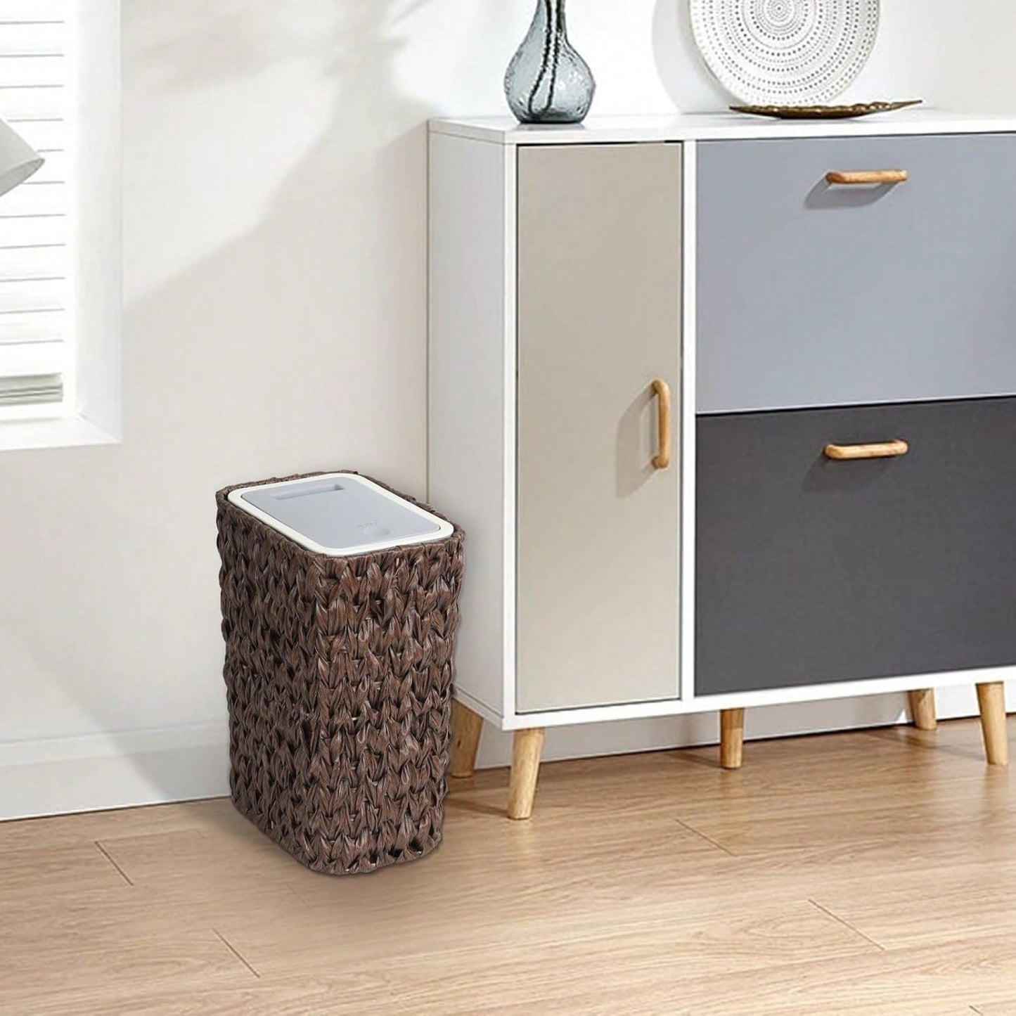 2.6 Gallon Rattan Trash Can With Press Top Lid For Bathroom Kitchen Office Living Room Bedroom Gray