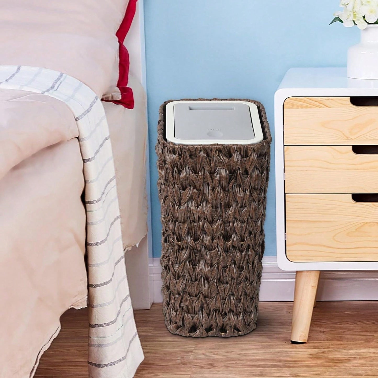 2.6 Gallon Rattan Trash Can With Press Top Lid For Bathroom Kitchen Office Living Room Bedroom Gray