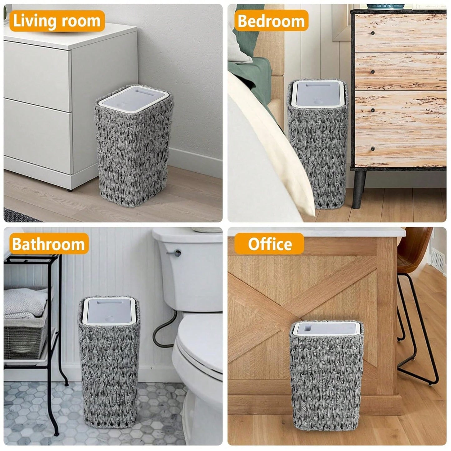 2.6 Gallon Rattan Trash Can With Press Top Lid For Bathroom Kitchen Office Living Room Bedroom Gray