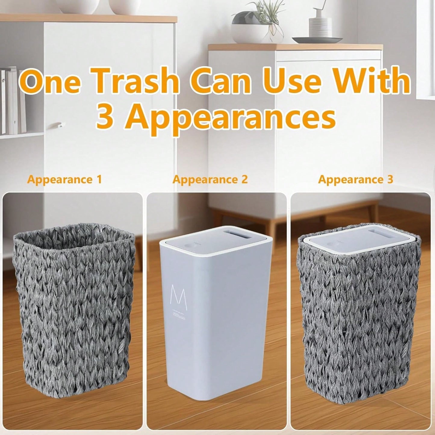 2.6 Gallon Rattan Trash Can With Press Top Lid For Bathroom Kitchen Office Living Room Bedroom Gray