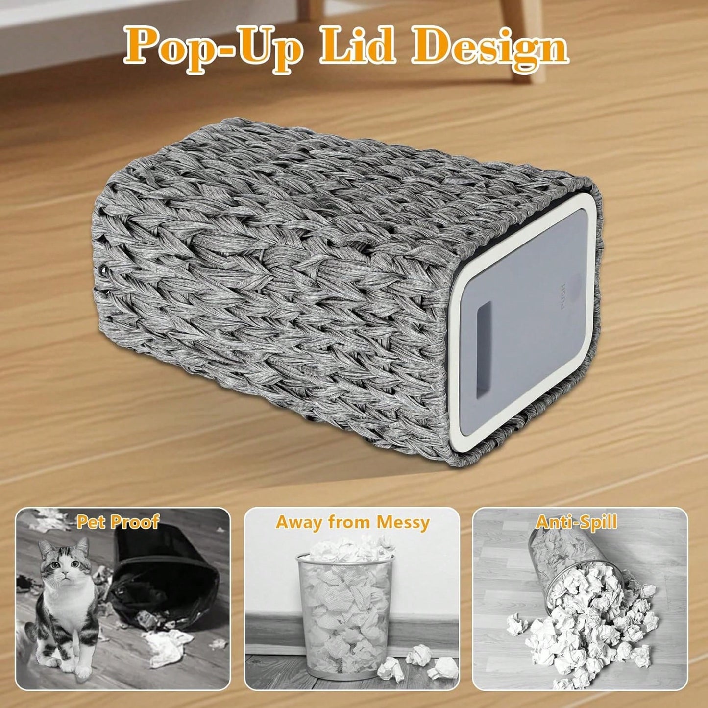 2.6 Gallon Rattan Trash Can With Press Top Lid For Bathroom Kitchen Office Living Room Bedroom Gray