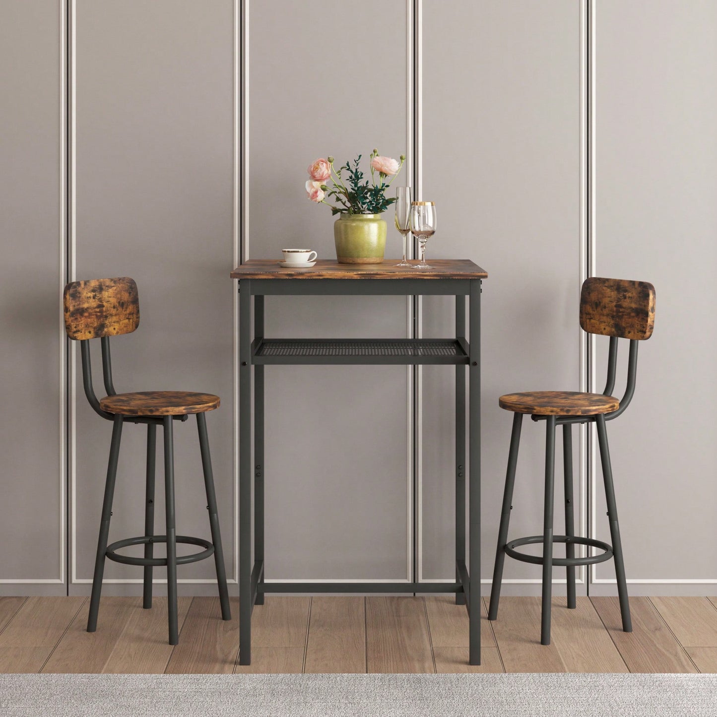 Bar Table Set With 2 Backrest Bar Stools And Partition For Home Or Kitchen Rustic Brown
