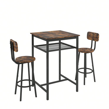 Bar Table Set With 2 Backrest Bar Stools And Partition For Home Or Kitchen Rustic Brown