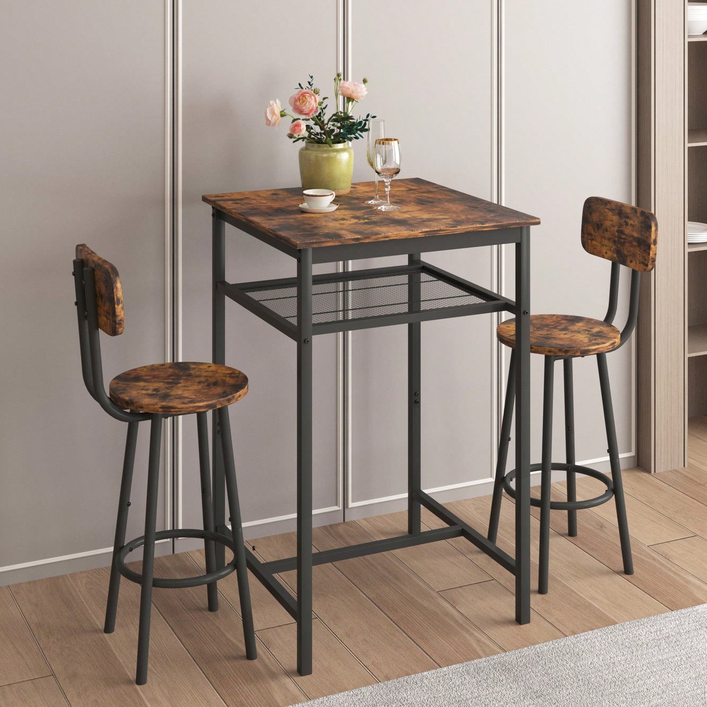 Bar Table Set With 2 Backrest Bar Stools And Partition For Home Or Kitchen Rustic Brown