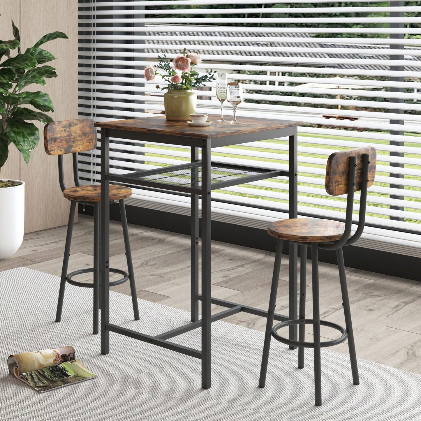 Bar Table Set With 2 Backrest Bar Stools And Partition For Home Or Kitchen Rustic Brown