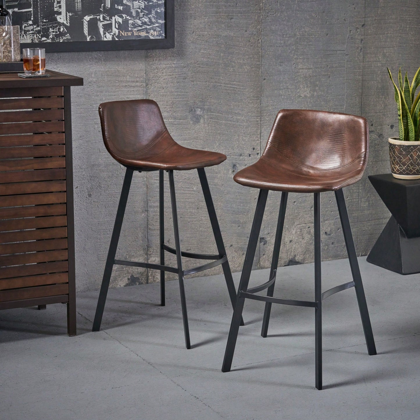 Set Of 2 Brown Faux Leather 30 Inch Barstools For Kitchen Or Home Bar