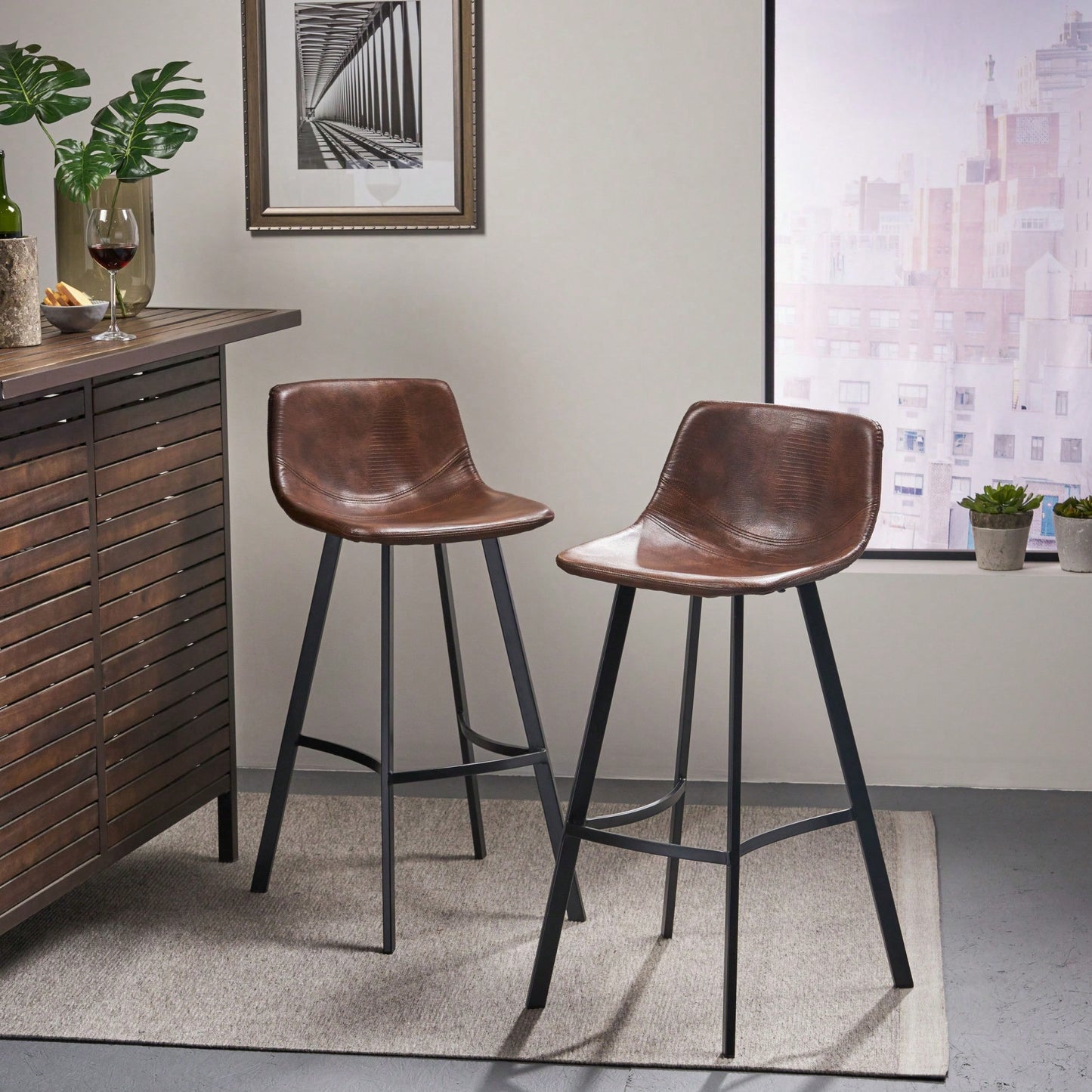 Set Of 2 Brown Faux Leather 30 Inch Barstools For Kitchen Or Home Bar